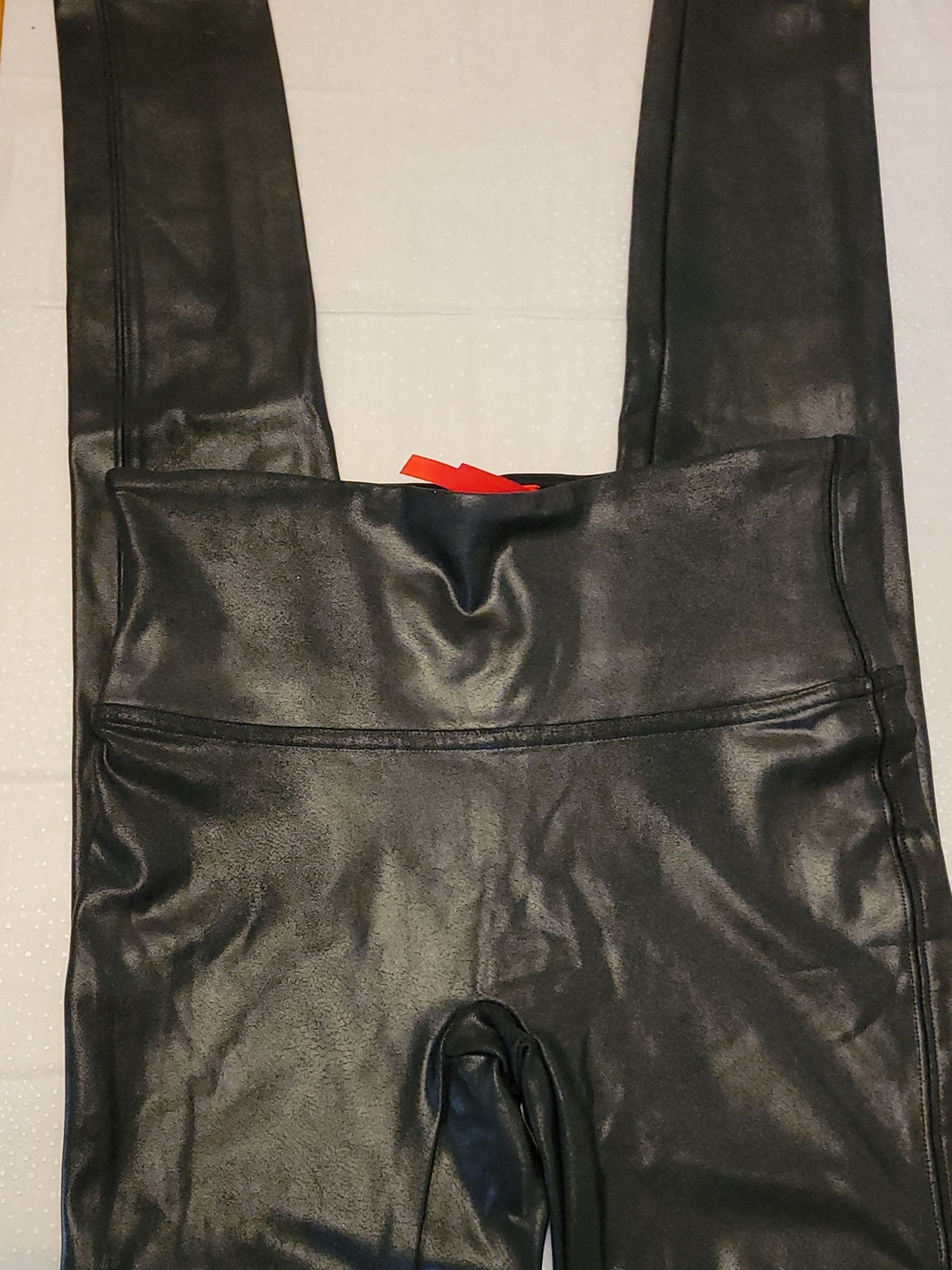SPANX Black Faux Leather Leggings with Red Logo Tag